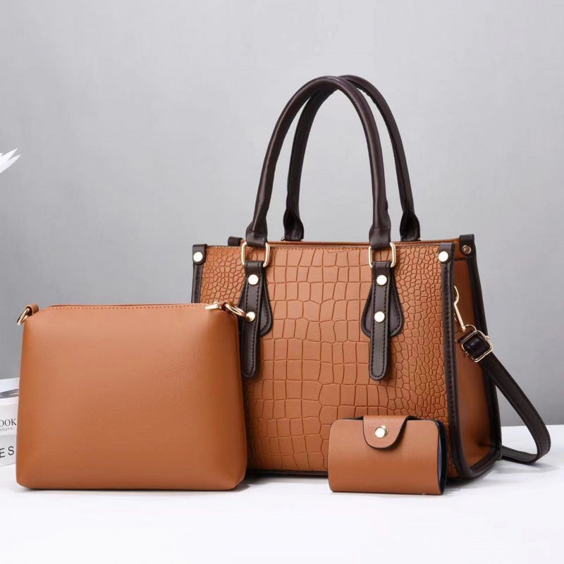 Three-Piece Set Mother Bag Stone Pattern Single Shoulder Crossbody Texturized Women'S Bag Texturized Large Capacity Handbag 3In1Bags - Image 3